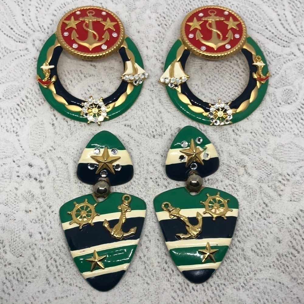 Vintage Nautical Big Funky Whimsy Statement Earrings Enamel.